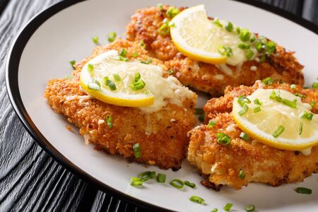 Serving romano chicken cutlet fried breaded with lemon and green onion closeup on a plate on the table. horizontalの写真素材