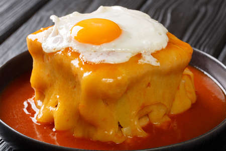 Francesinha is a Portuguese sandwich originally from Porto, made with bread, ham, linguica, sausage, steak, and covered with melted cheese and a hot and thick spiced tomato and beer sauceの写真素材