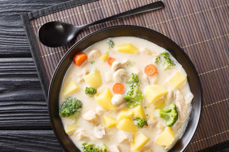 Japanese cream stew is a winter warmer, combining chicken and root vegetables with a savory cream based sauce close-up in a plate Horizontal top view from aboveの写真素材