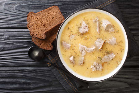 Homemade Swedish split Pea Soup Artsoppa close up in the plate on the table. Horizontal top view from aboveの写真素材