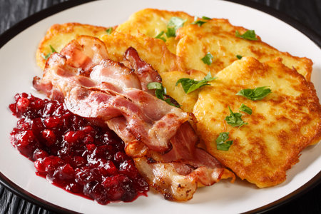 Scandinavian potato pancakes served with lingonberry jam and bacon close-up on a plate on the table. horizontalの写真素材