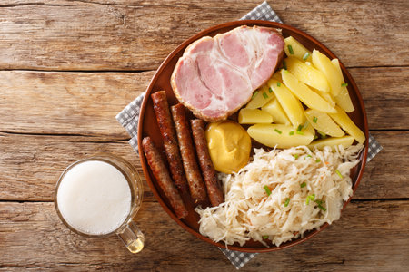 Sausage, Kassler pork neck, boiled potatoes, sauerkraut and mustard is an traditional German winter dish closeup on the table. Horizontal top view from aboveの写真素材