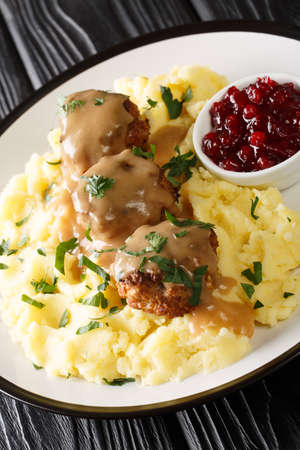 Lihapullat Traditional Finnish Meatballs with mashed potatoes and lingonberry jam close-up in a plate on the table. verticalの写真素材