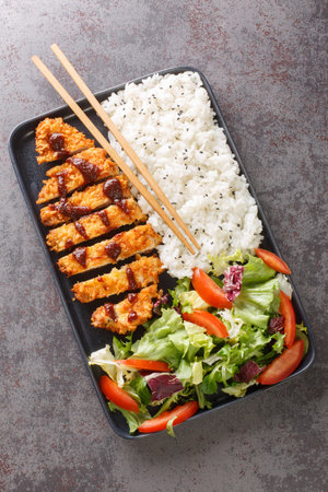 Chicken katsu is a traditional Japanese dish served with rice and vegetables salad closeup in the...