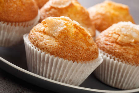 Closeup of a pile of magdalenas the typical spanish plain muffins in the plate on the table. Horizontalの写真素材