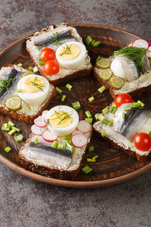 Kiluvoileib Estonian open sandwich consists of a slice of rye bread that is topped with a marinated sprat fillet, eggs, vegetables and herbs close-up in a plate on the table. verticalの写真素材