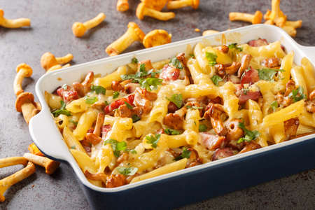 Chanterelle pasta casserole with bacon and cheese served hot from the oven on the table. Horizontalの写真素材