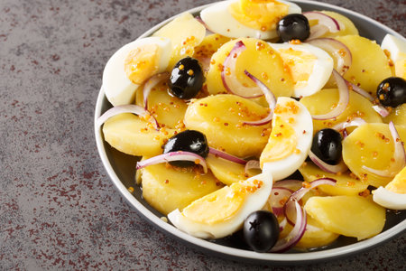 Potato salad with boiled eggs, onions and olives seasoned with mustard sauce close-up in a plate on the table. horizontalの写真素材