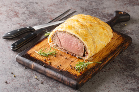 Beef Wellington Traditional British Comfort Food closeup on rustic wooden board on the table. Horizontalの写真素材