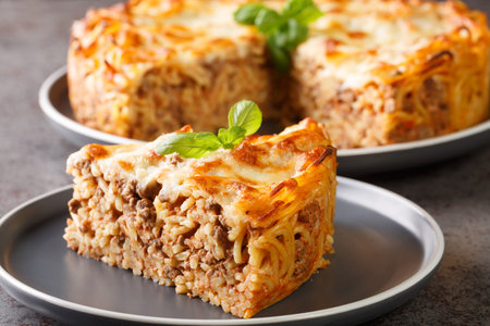 Spicy hot pie spaghetti casserole with ground beef, tomato sauce and parmesan cheese and mozzarella close-up in a plate on the table. horizontalの写真素材