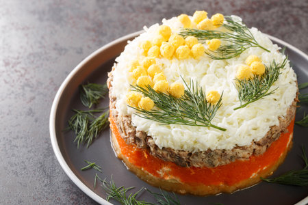 Tasty layered salad with saury, onion, potatoes, carrot, cheese, eggs and mayonnaise closeup on the plate on table. Horizontalの写真素材