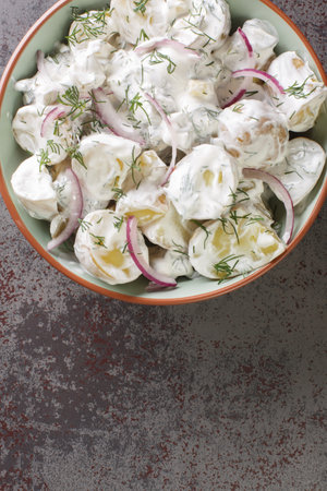 Homemade potato salad with pickles, dill and red onion with creme fraiche dressing close-up in a plate on the table. Vertical top view from aboveの写真素材