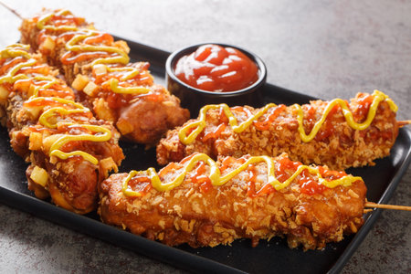Korean corn dogs are hot dogs, cheese, French fries fried in a batter on a stick and dressed with...