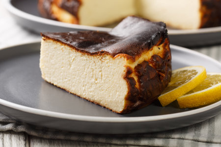Close-up of a piece of burnt San Sebastian cheesecake on a plate on the table. Horizontalの写真素材