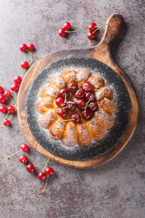 Sponge cherry cake sprinkled with powdered sugar close-up on a wooden board on the table. Vertical top view from aboveの写真素材