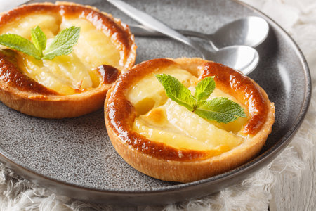French portioned Apple tartlets decorated with mint close-up in a plate on the table. Horizontalの写真素材