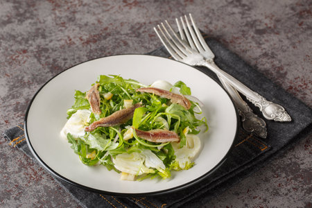 Serving of salad of arugula, fennel, anchovies, red onions and preserved lemons close-up in a plate on the table. horizontalの写真素材