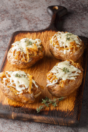 Cheesy French Onion Baked Potatoes closeup on the wooden board on the table. Verticalの写真素材
