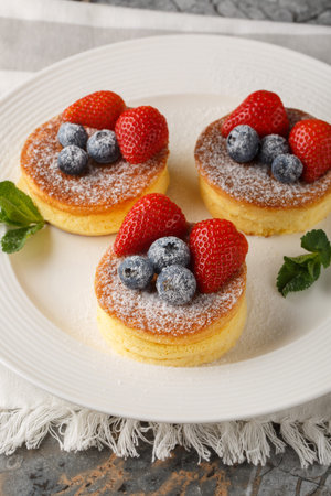 Japanese fluffy pancakes with fresh berries close-up on a plate on the table. Vertical