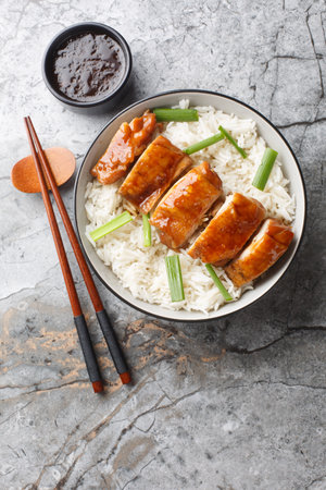 Soy sauce chicken is a traditional Cantonese dish made of meat is simmered in a soy sauce with various seasonings served with rice and dipping sauce closeup on the table. Vertical top view from aboveの写真素材