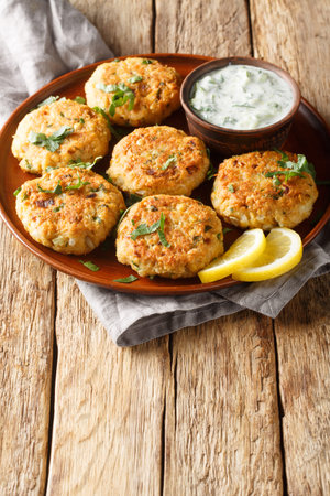 Vegetarian chickpeas fritters with garlic herb yogurt sauce close-up in plate on the table. Vertical