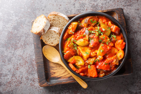 Summer Vegetable spicy stew of zucchini, potatoes, peppers, onions, tomatoes and eggplant close-up in a bowl on the table. Horizontal top view from aboveの写真素材