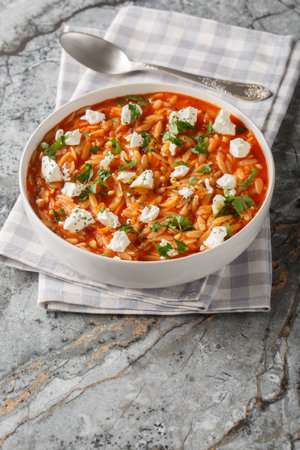 Greek pasta kritharaki or orzo with tomato sauce, feta, onion and herbs closeup on the plate on the table. Verticalの写真素材
