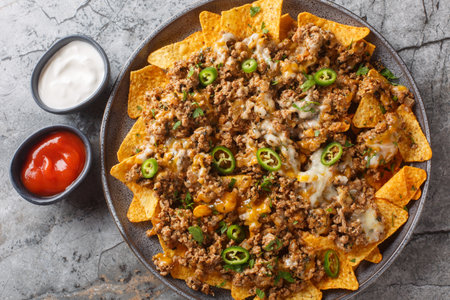 Ground Beef and Cheese Nachos with jalapeno peppers, herbs and sauces closeup on the plate on the table. Horizontal top view from aboveの写真素材