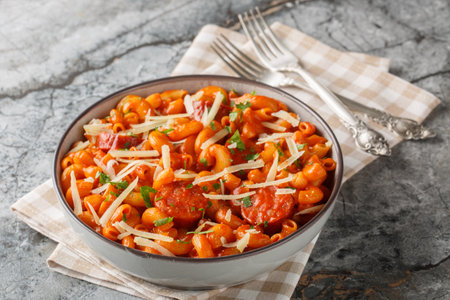 Gochujang pasta with sausage is a perfect Italian-Korean fusion closeup on the plate on the table. horizontalの写真素材
