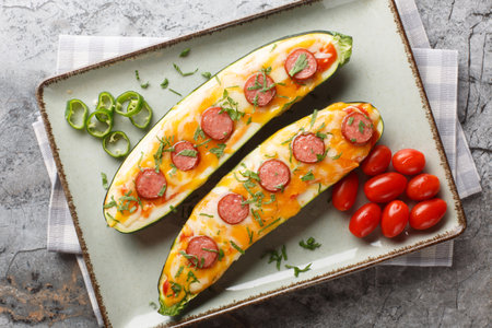 Summer appetizer of zucchini stuffed and baked with cheddar and mozzarella cheese, sausages and tomato sauce close-up in a plate on the table. Horizontal top view from aboveの写真素材