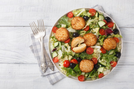 Breakfast salad of fried cheese balls with tomatoes, cucumber, olives and mixed lettuce close-up in a plate on a wooden table. Horizontal top view from aboveの写真素材