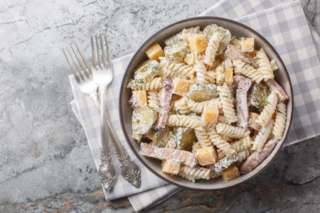 Winter delicious pasta salad with pickles, yellow cheese, herbs and bacon seasoned with mayonnaise close-up in a bowl on the table. Horizontal top view from aboveの写真素材