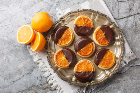 Homemade shortbread cookies with candied orange and chocolate glaze close-up in a plate on the table. Horizontal top view from aboveの写真素材