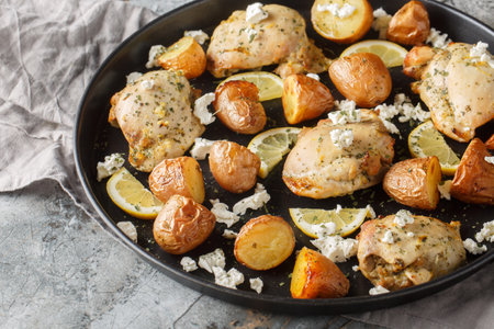 Greek cuisine Skinless chicken thighs with feta, lemon, garlic and potatoes close-up in a frying pan on the table. horizontalの写真素材