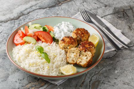 Spicy Greek Chicken meatballs stuffed with feta cheese served with lemon rice, tzatziki sauce and fresh salad close-up in a plate on the table. horizontalの写真素材