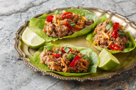 Ground Beef Lettuce Wraps with vegetables close-up on the plate on table. horizontalの写真素材