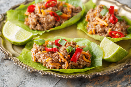 Asian Style Ground Beef Lettuce Wraps close-up on the plate on table. horizontalの写真素材