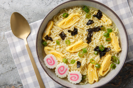 Hawaiian saimin soup with tender egg noodles, seaweed, green onions, omelet and Japanese kamaboko close-up in a plate on the table. horizontal top view from aboveの写真素材