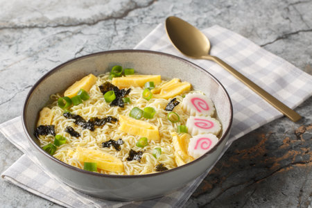 Delicious saimin soup with wheat egg noodles, seaweed, green onion, omelet and fish cake close-up in a plate on the table. horizontalの写真素材