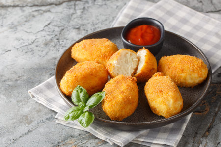 Delicious crispy fried breaded chicken croquettes served with tomato sauce close-up in a plate on...