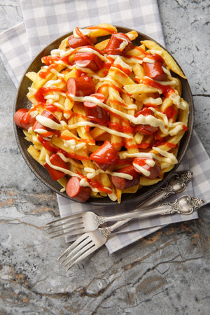 Homemade Salchipapa Fries with Ketchup, Mustard and Mayo closeup on the plate on the table. Vertical...
