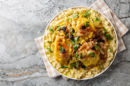 Traditional Moroccan couscous Chicken Tfaya With Caramelized Onions and Raisins closeup on the plate on the table. Horizontal top view from aboveの写真素材