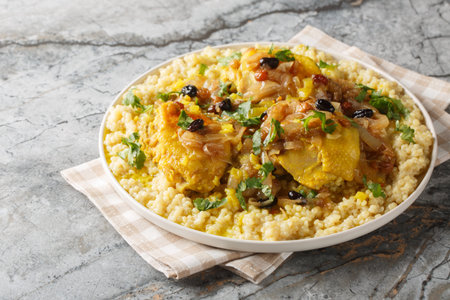 Traditional Moroccan couscous Chicken Tfaya With Caramelized Onions and Raisins closeup on the plate...