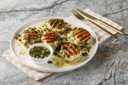 Grilled chicken thighs with chimichurri sauce made with garlic, herbs and vegetable oil close-up in a plate on the table. horizontalの写真素材