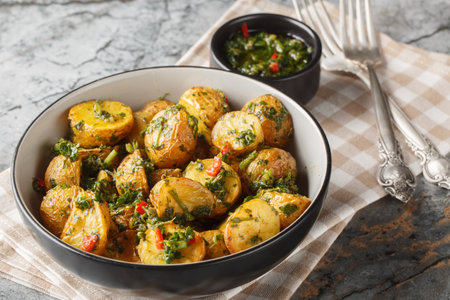Roasted Potatoes with Chimichurri Sauce are packed with flavors closeup on the plate on the table. horizontalの写真素材