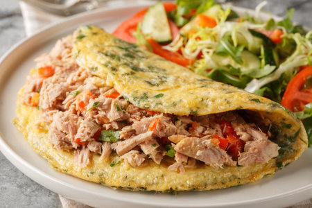Breakfast Omelet with canned tuna and fresh vegetables salad closeup on the plate on the table. horizontalの写真素材