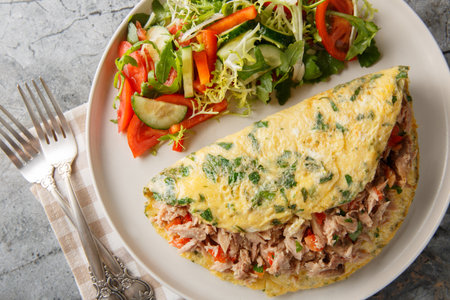 Healthy canned tuna omelette with vegetable salad close-up in a plate on the table. Horizontal top view from aboveの写真素材