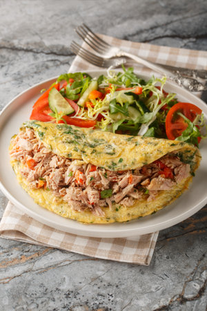 Omelet with canned tuna fish served with fresh vegetables salad closeup on the plate on the table. Verticalの写真素材