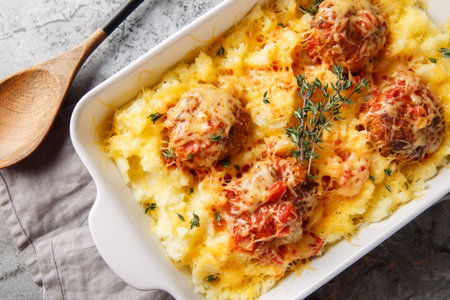 Baked beef meatballs with mashed potatoes, cheddar, tomato sauce, and thyme in a baking dish on the...