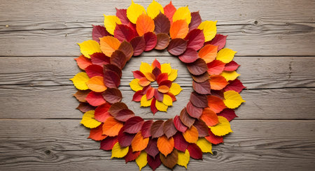 Colorful autumn leaves in circle shape on wooden background. Top view. AI Generated.の素材